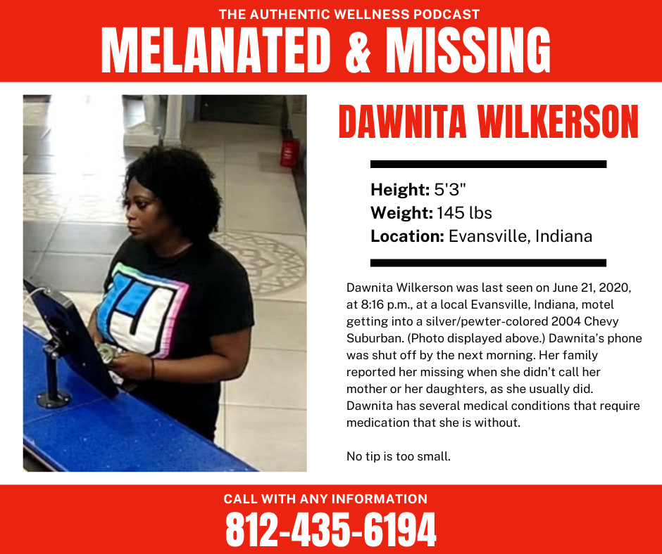 Red and white square image withMissing Person Information for Dawnita Wilkerson